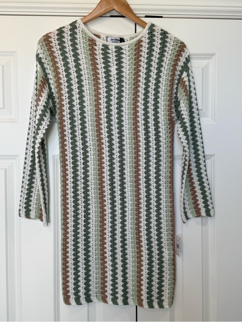 Love Knits NYC Crochet Knit Mini Dress XXS Long Sleeve Striped white green brown